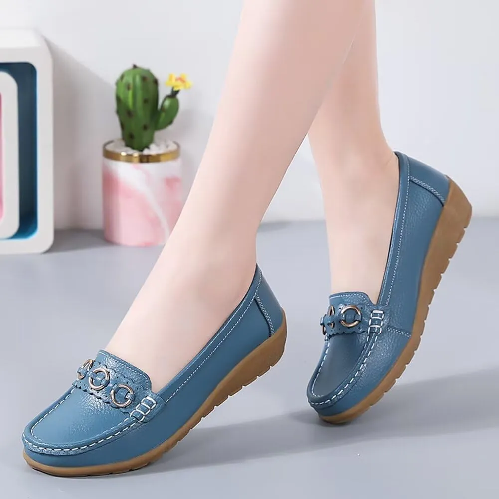 Women's Leather Classic Wedge Moccasins Slip-Ons Casual Walking Driving Shoes
