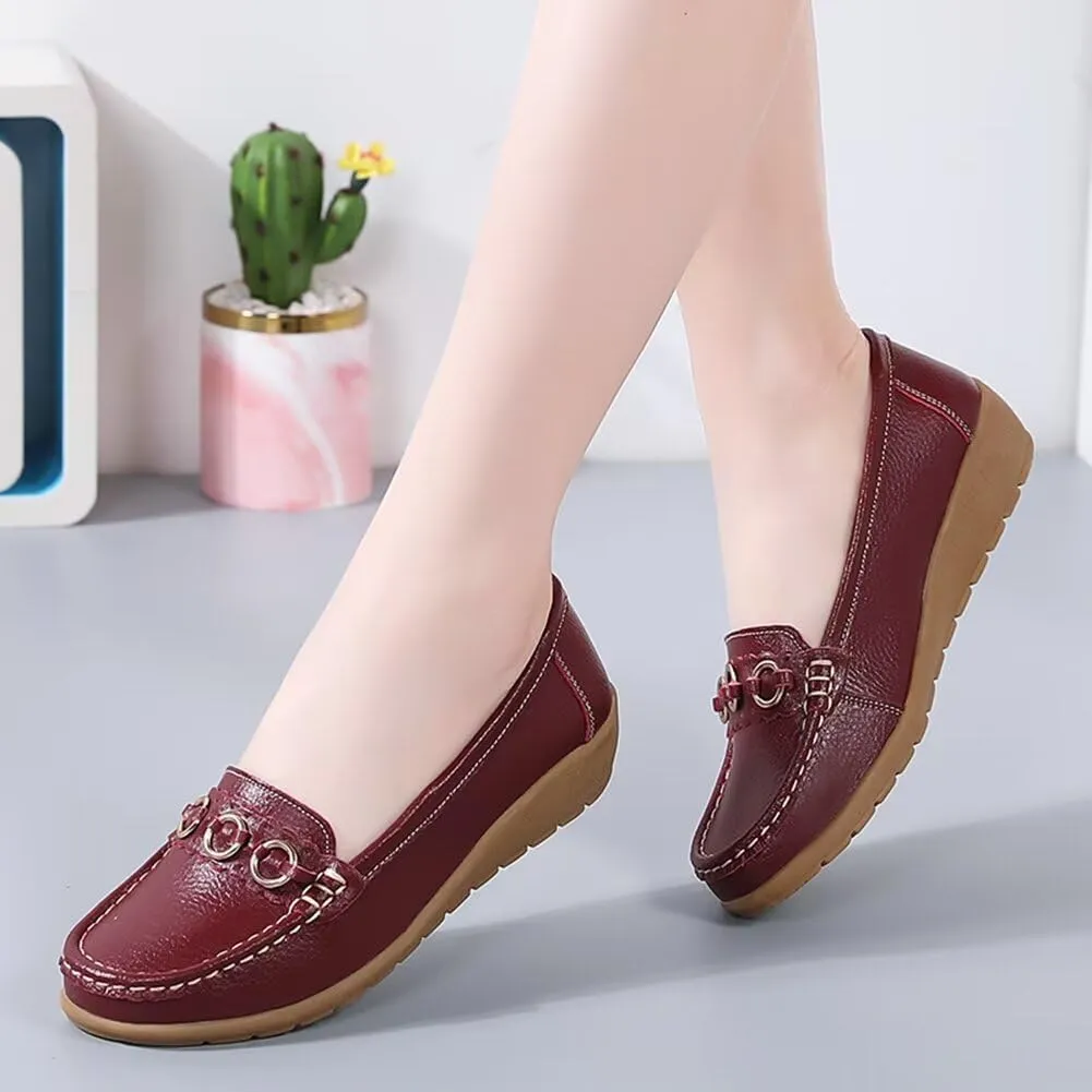 Women's Leather Classic Wedge Moccasins Slip-Ons Casual Walking Driving Shoes