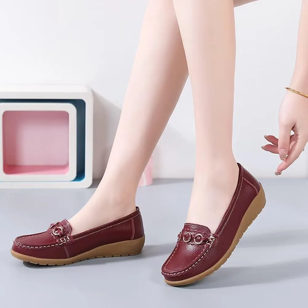 Women's Leather Classic Wedge Moccasins Slip-Ons Casual Walking Driving Shoes