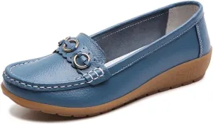 Women's Leather Classic Wedge Moccasins Slip-Ons Casual Walking Driving Shoes