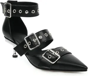 Women's Leather Metal Strap Closed Pointed Toe Kitten Heel Pumps Adjustable Ankle Buckle Low Stiletto Sandals Fashion Comfortable Party Evening Dress Sandals
