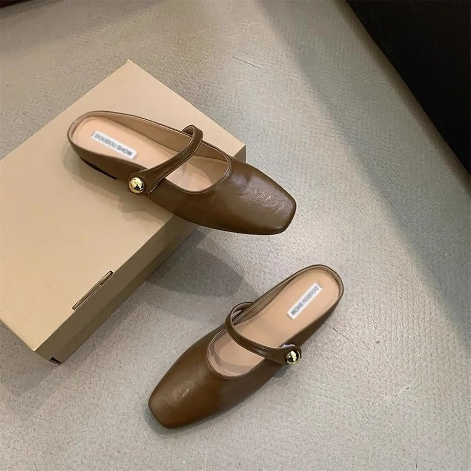 Women's Leather Pearl Closed Toe Mary Jane Flat Mules Fashion Square Toe Soft Sole Comfortable Slip on Backless Flats Casual Office Dressy Sandals Walking Shoes Mules