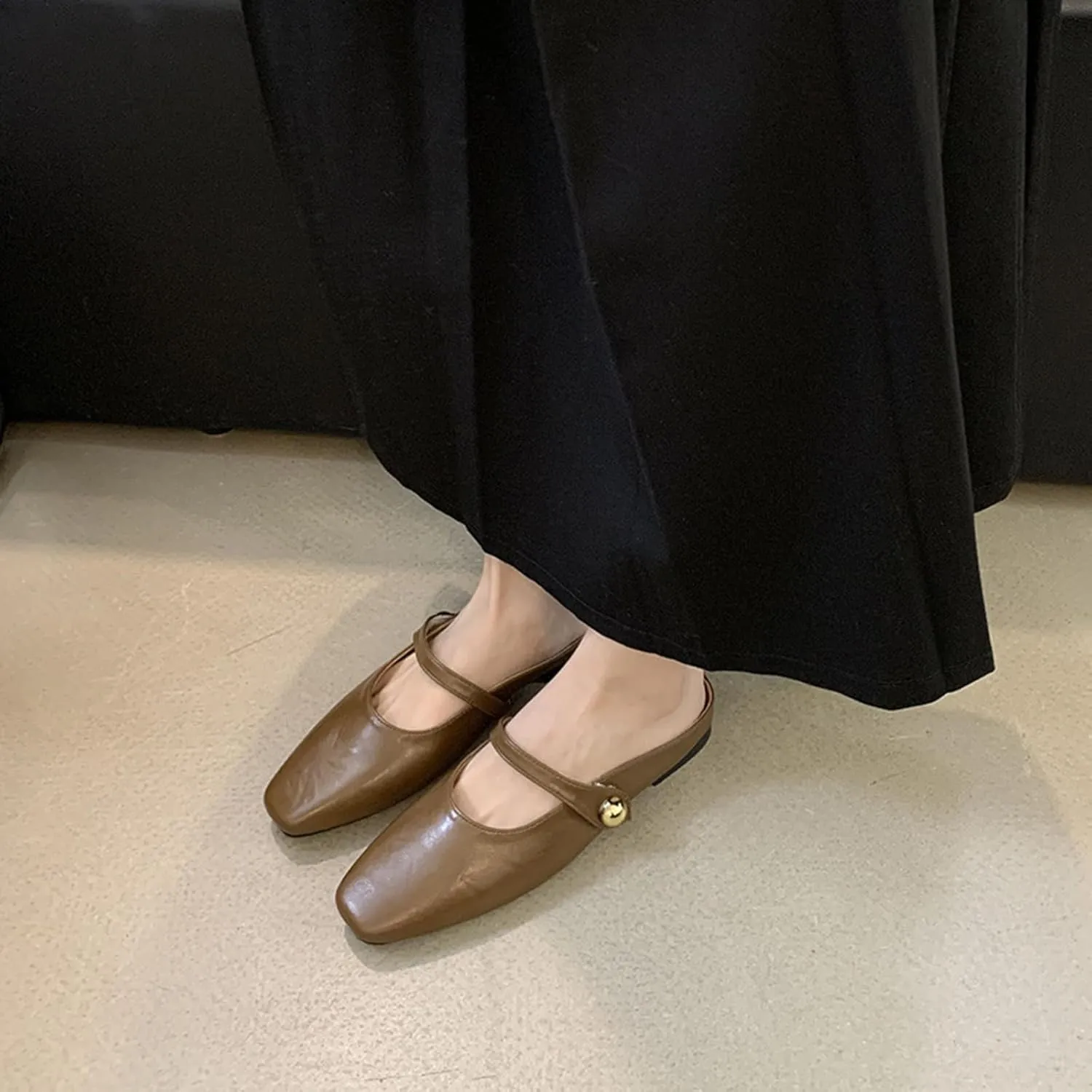 Women's Leather Pearl Closed Toe Mary Jane Flat Mules Fashion Square Toe Soft Sole Comfortable Slip on Backless Flats Casual Office Dressy Sandals Walking Shoes Mules