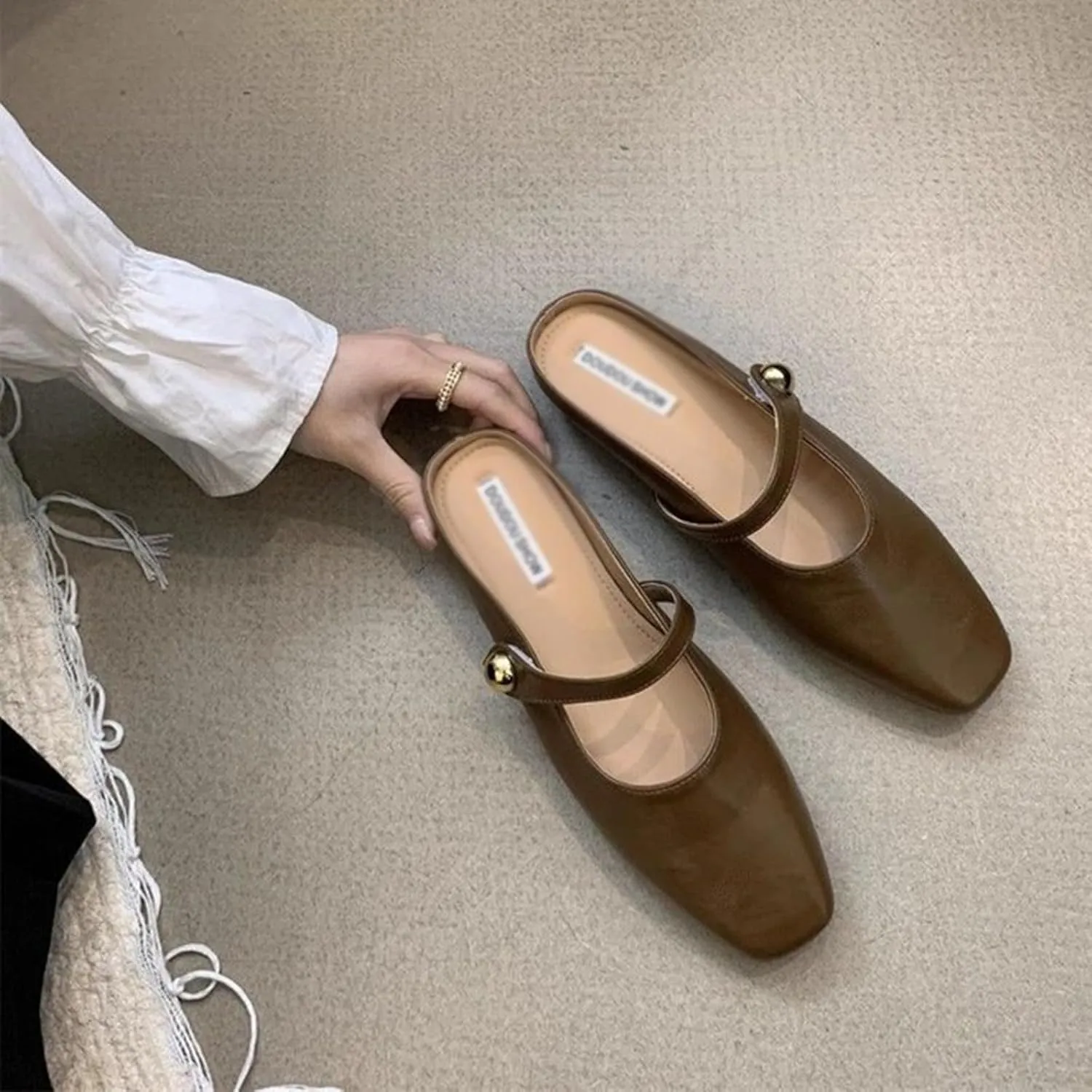 Women's Leather Pearl Closed Toe Mary Jane Flat Mules Fashion Square Toe Soft Sole Comfortable Slip on Backless Flats Casual Office Dressy Sandals Walking Shoes Mules