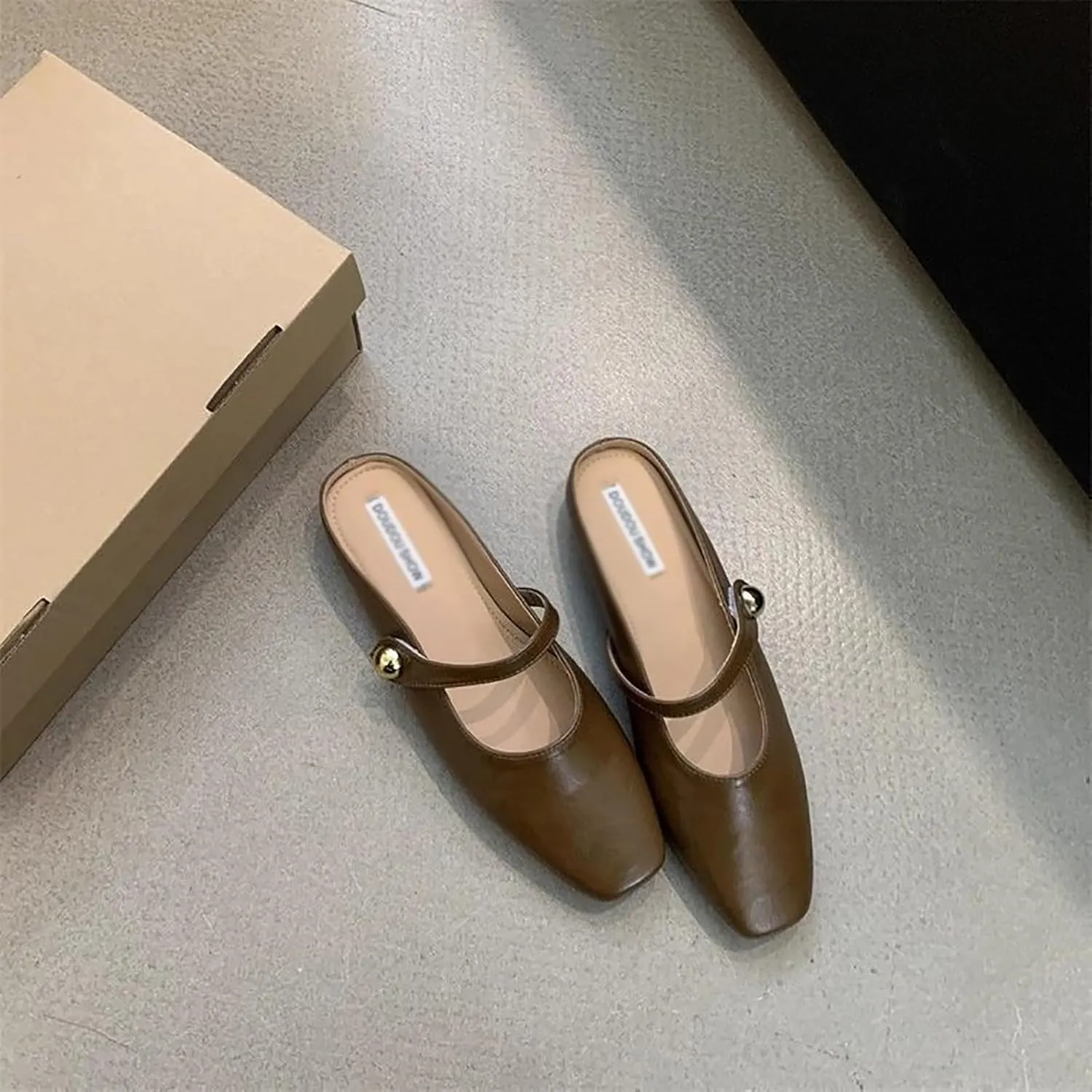 Women's Leather Pearl Closed Toe Mary Jane Flat Mules Fashion Square Toe Soft Sole Comfortable Slip on Backless Flats Casual Office Dressy Sandals Walking Shoes Mules