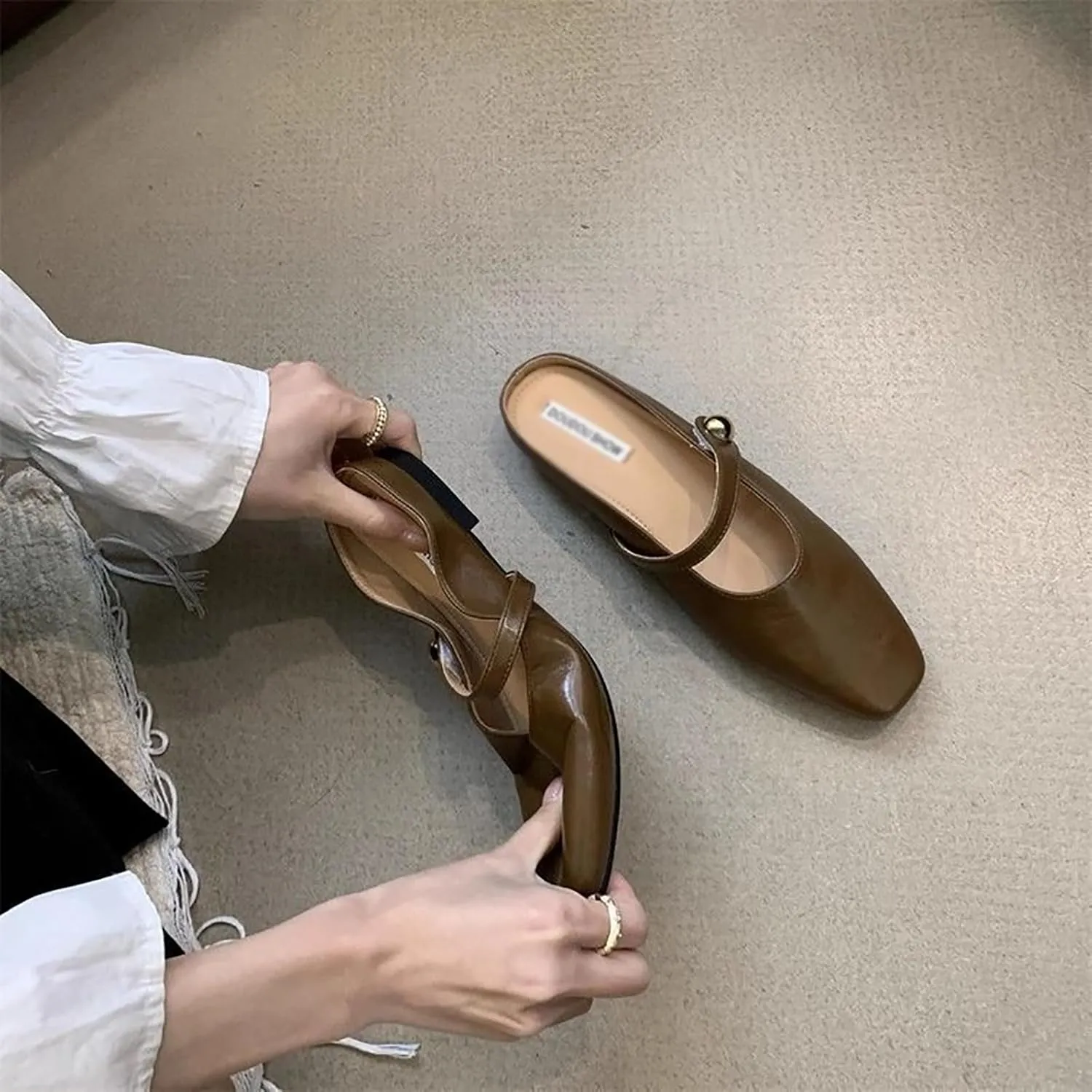 Women's Leather Pearl Closed Toe Mary Jane Flat Mules Fashion Square Toe Soft Sole Comfortable Slip on Backless Flats Casual Office Dressy Sandals Walking Shoes Mules