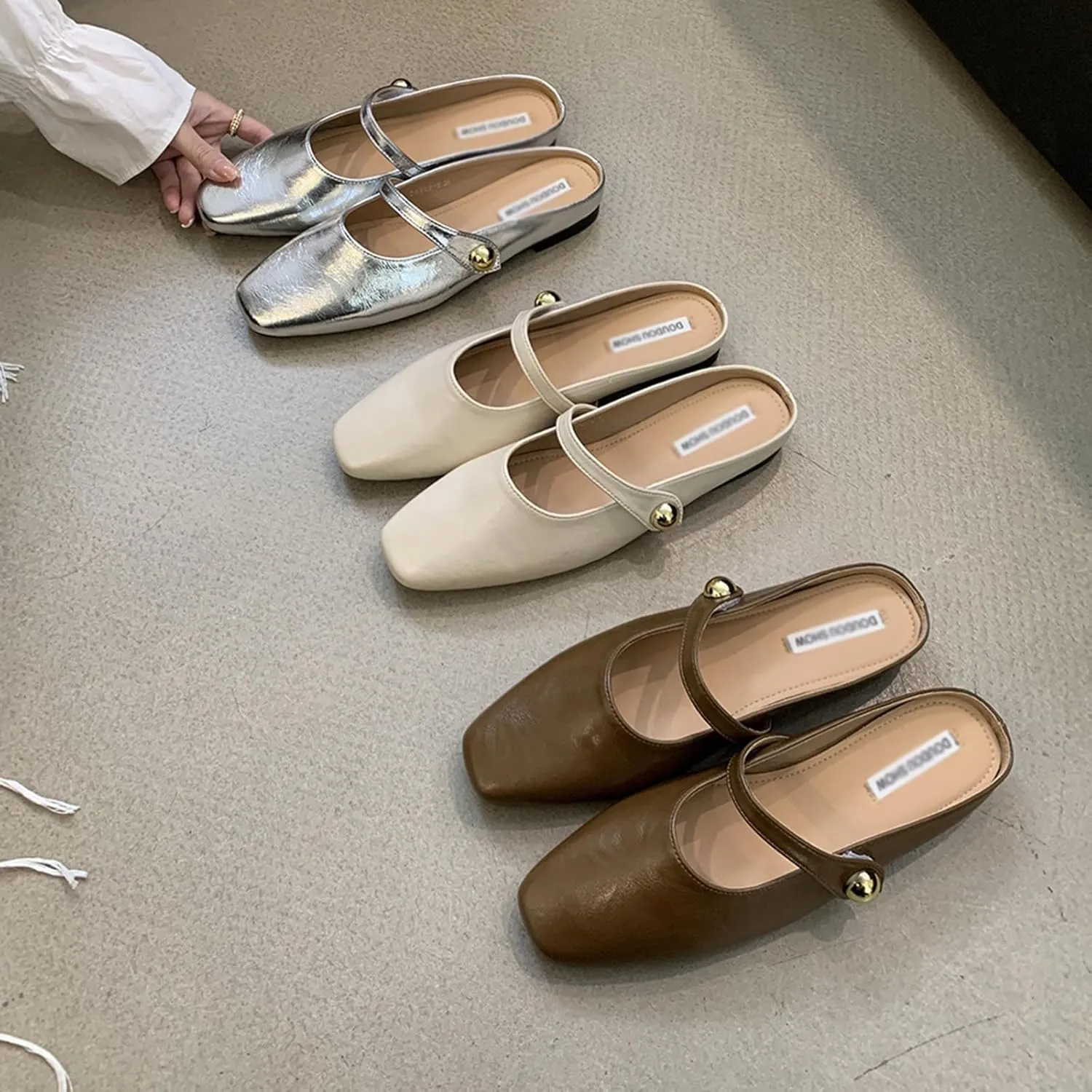 Women's Leather Pearl Closed Toe Mary Jane Flat Mules Fashion Square Toe Soft Sole Comfortable Slip on Backless Flats Casual Office Dressy Sandals Walking Shoes Mules
