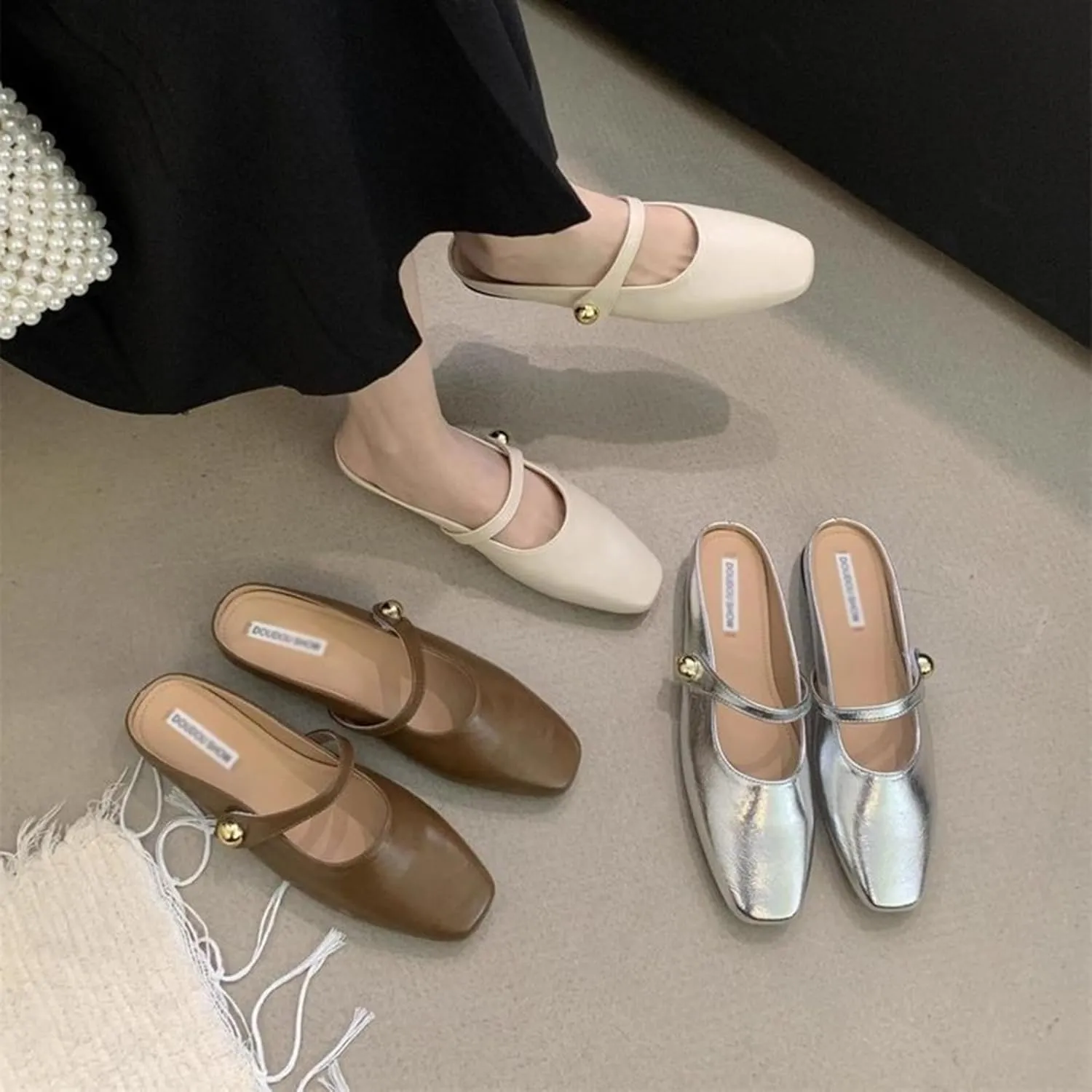 Women's Leather Pearl Closed Toe Mary Jane Flat Mules Fashion Square Toe Soft Sole Comfortable Slip on Backless Flats Casual Office Dressy Sandals Walking Shoes Mules