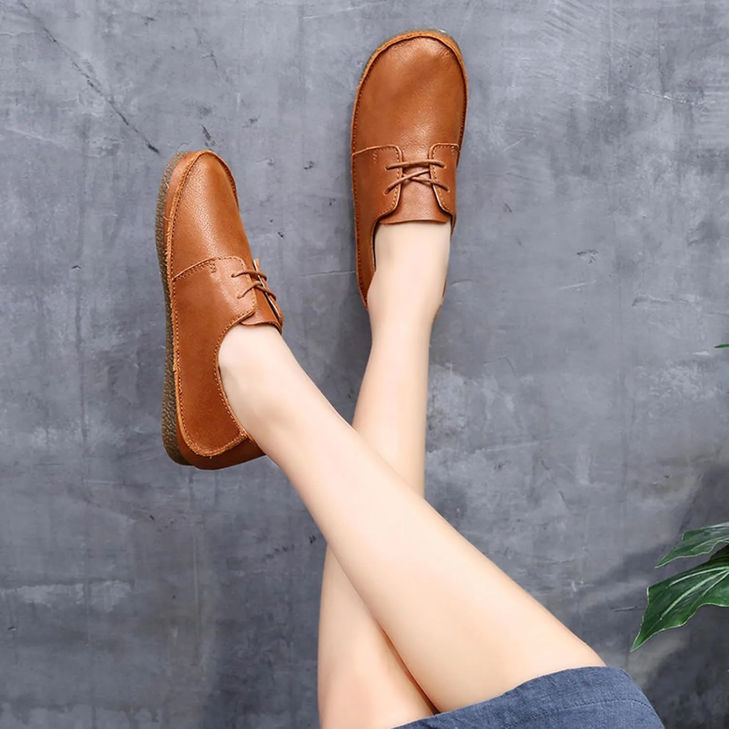 Women's Leather Round Toe Soft Sole Flat Casual Oxford Shoes Retro Soft Foldable Sole Non-Slip Lightweight Business Driving Work Barefoot Lace-Up Dress Shoes