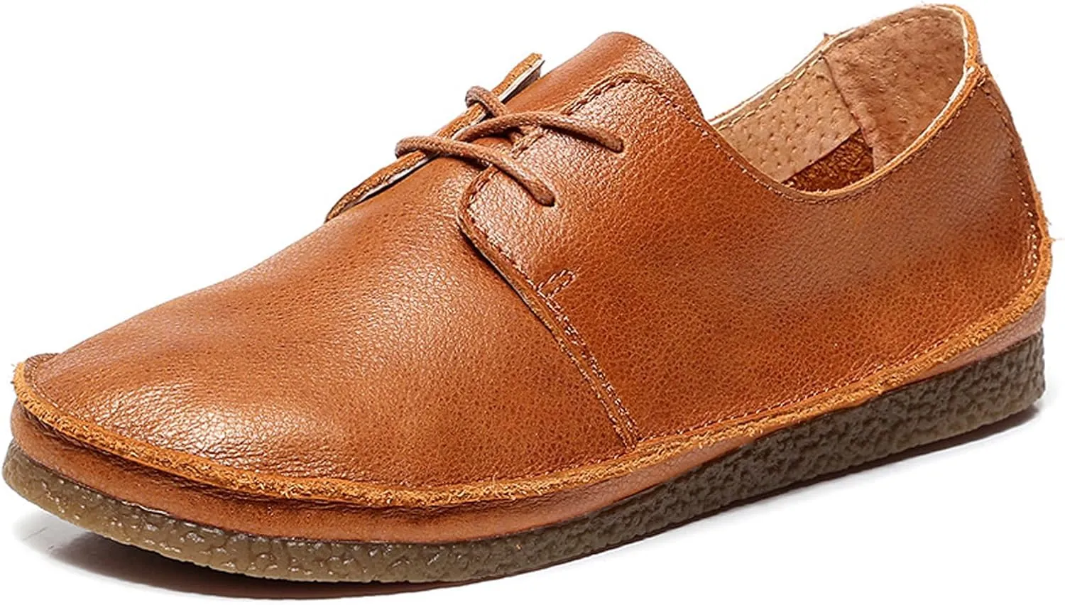 Women's Leather Round Toe Soft Sole Flat Casual Oxford Shoes Retro Soft Foldable Sole Non-Slip Lightweight Business Driving Work Barefoot Lace-Up Dress Shoes