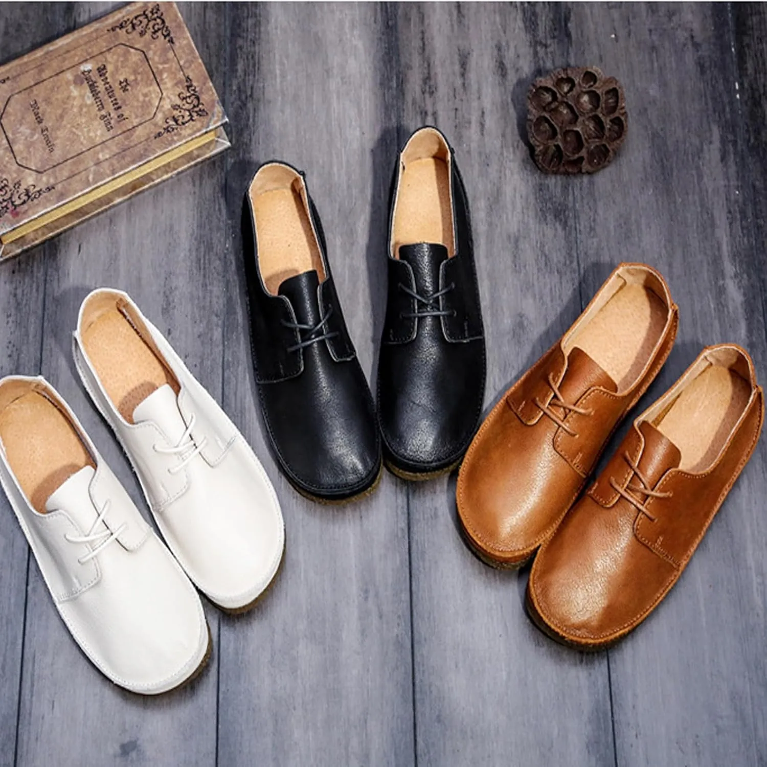 Women's Leather Round Toe Soft Sole Flat Casual Oxford Shoes Retro Soft Foldable Sole Non-Slip Lightweight Business Driving Work Barefoot Lace-Up Dress Shoes