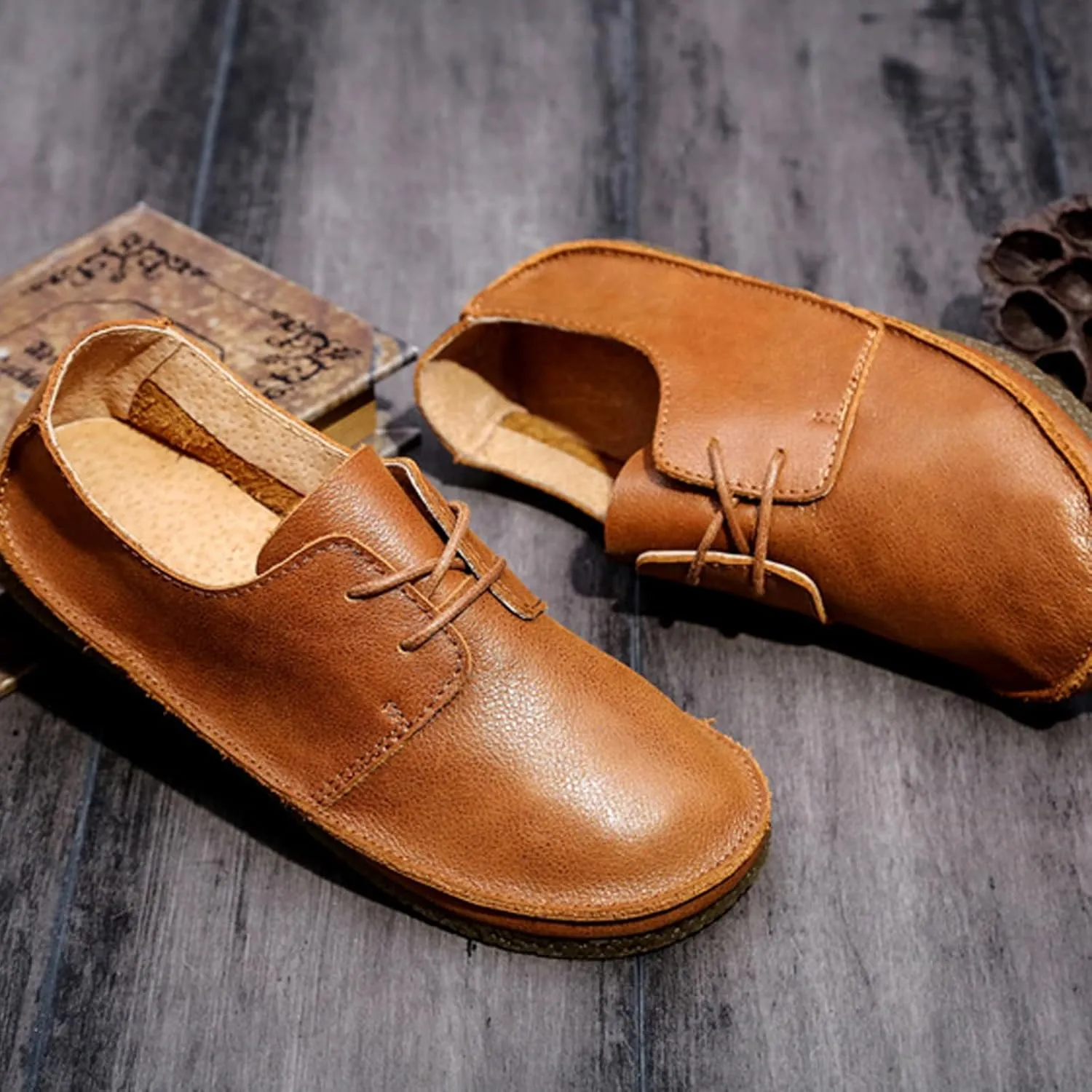 Women's Leather Round Toe Soft Sole Flat Casual Oxford Shoes Retro Soft Foldable Sole Non-Slip Lightweight Business Driving Work Barefoot Lace-Up Dress Shoes