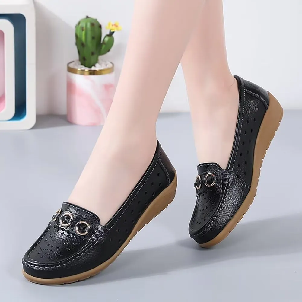 Women's Leather Wedge Moccasins Pumps Boat Shoes Casual Breathable Cushion Driving Slip-Ons