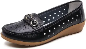 Women's Leather Wedge Moccasins Pumps Boat Shoes Casual Breathable Cushion Driving Slip-Ons