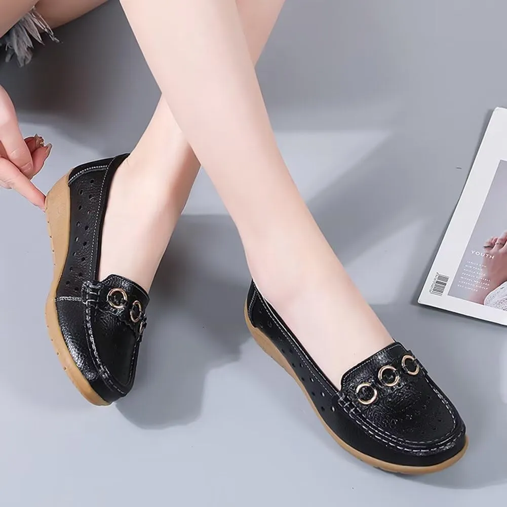 Women's Leather Wedge Moccasins Pumps Boat Shoes Casual Breathable Cushion Driving Slip-Ons