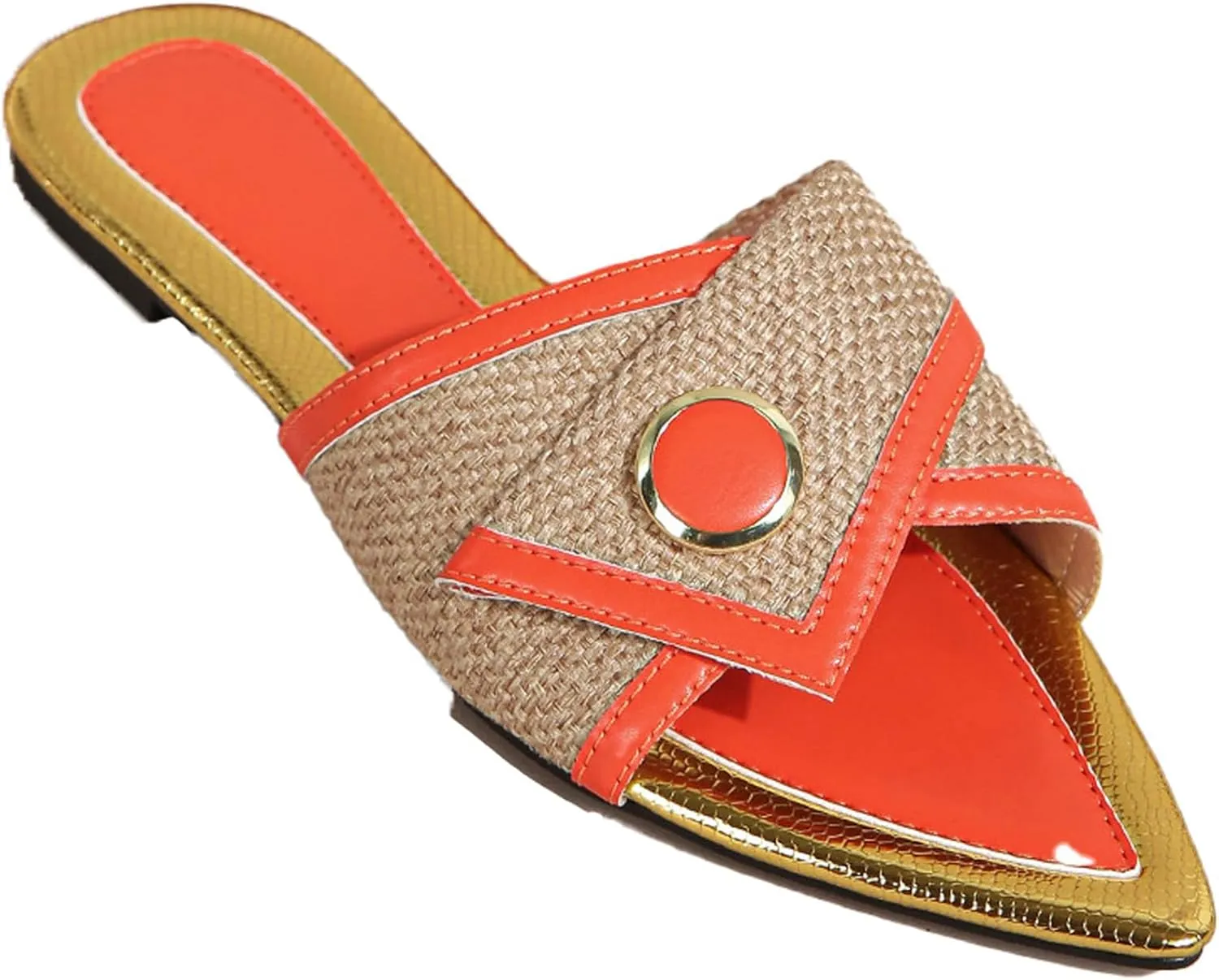 Women's Linen Fashion Pointed Toe Flat Slides Sandals Comfortable Lightweight Non-Slip Open Toe Slip On Summer Beach Slippers