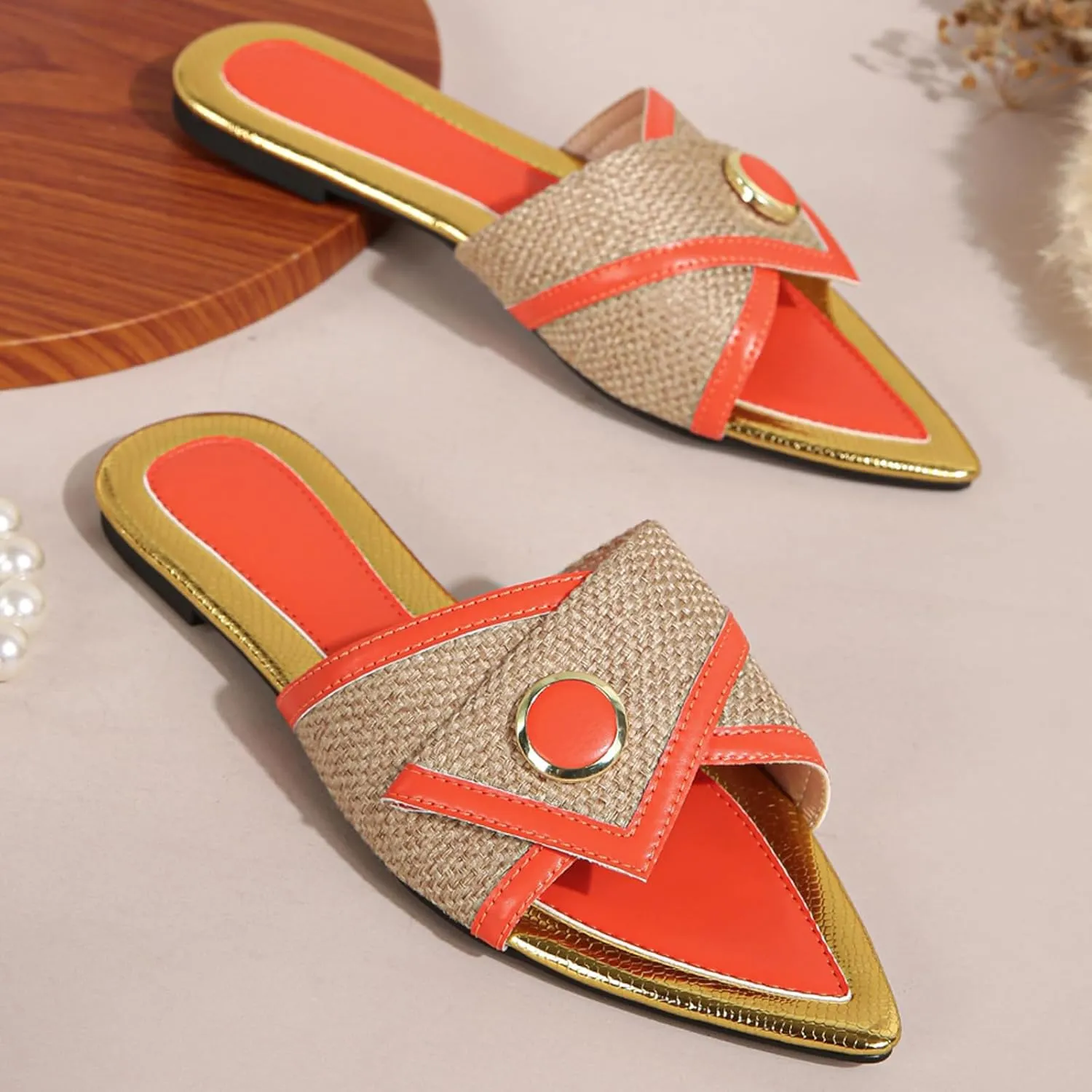Women's Linen Fashion Pointed Toe Flat Slides Sandals Comfortable Lightweight Non-Slip Open Toe Slip On Summer Beach Slippers