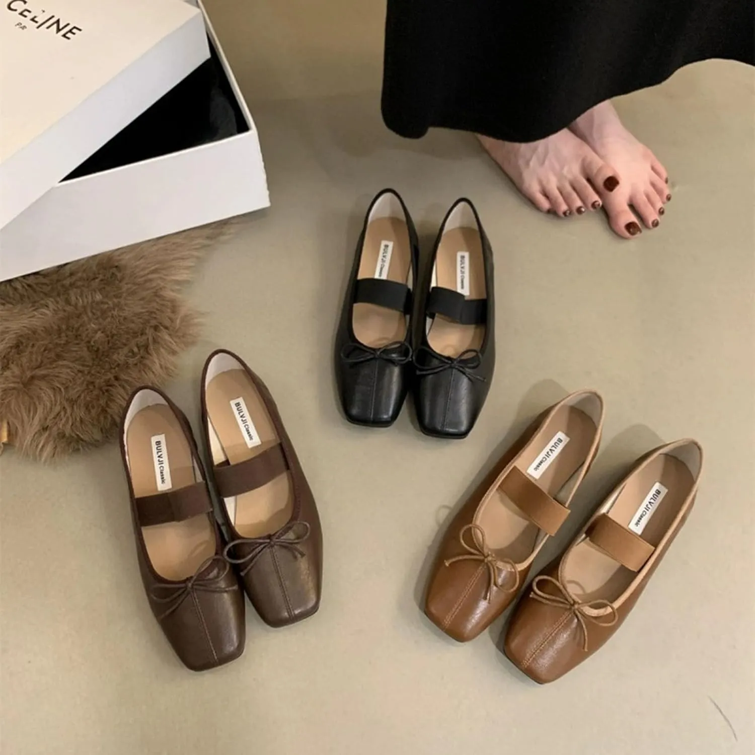 Women's Mary Jane Ballet Flat Shoes Comfort Square Toe Soft Sole Antiskid Elastic Ankle Strap Casual Dress Shoes Vintage Bow Tie Mary Janes
