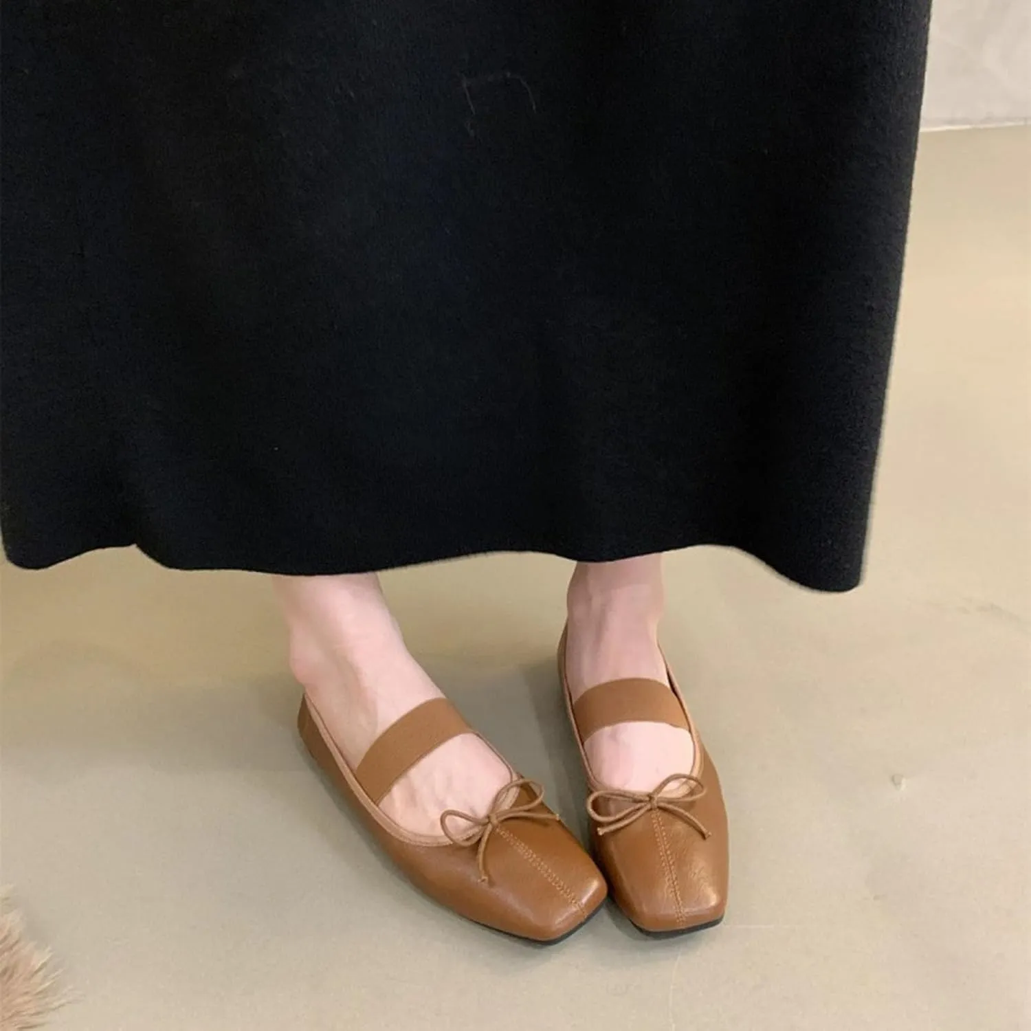 Women's Mary Jane Ballet Flat Shoes Comfort Square Toe Soft Sole Antiskid Elastic Ankle Strap Casual Dress Shoes Vintage Bow Tie Mary Janes