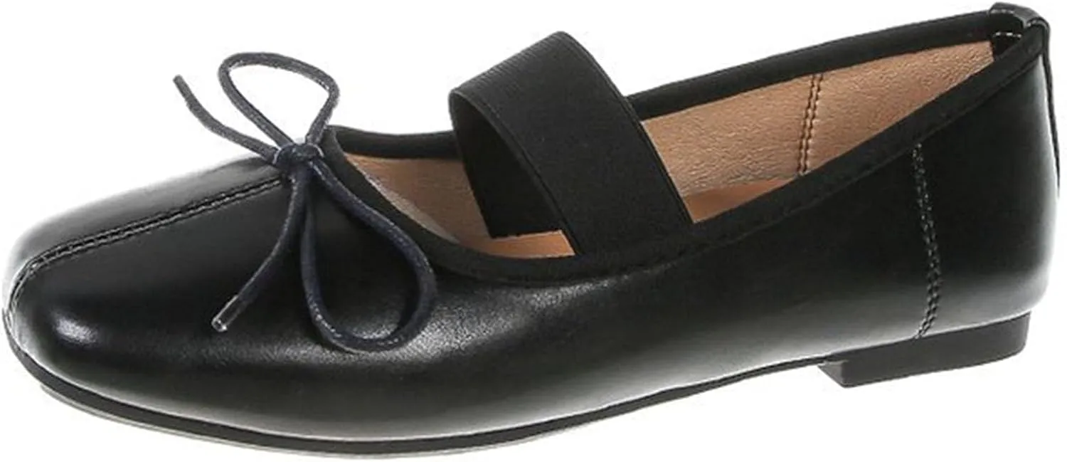 Women's Mary Jane Ballet Flat Shoes Comfort Square Toe Soft Sole Antiskid Elastic Ankle Strap Casual Dress Shoes Vintage Bow Tie Mary Janes
