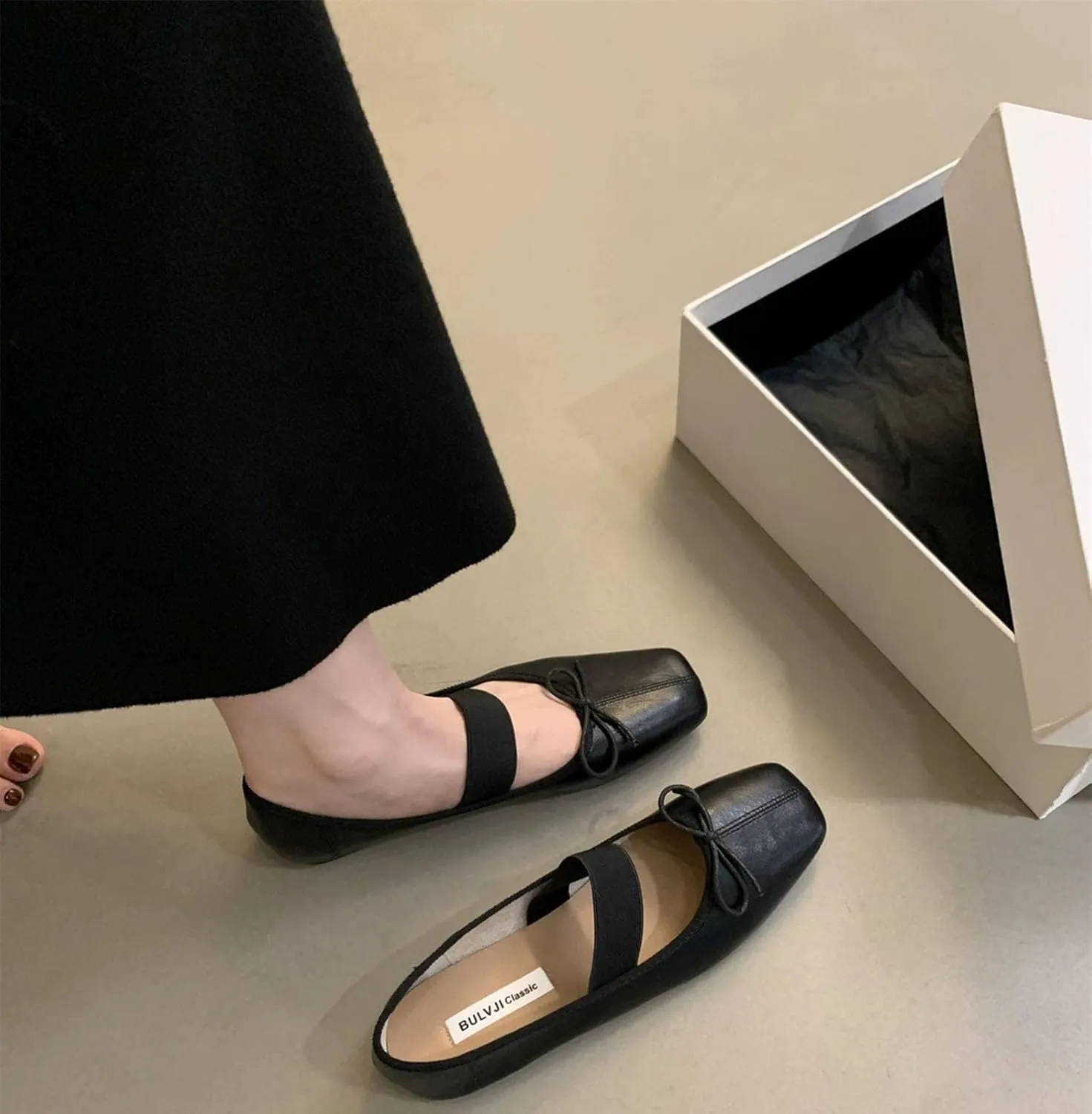 Women's Mary Jane Ballet Flat Shoes Comfort Square Toe Soft Sole Antiskid Elastic Ankle Strap Casual Dress Shoes Vintage Bow Tie Mary Janes