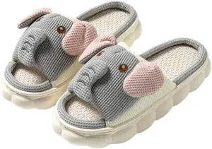 Women's Open Toe Cute Cartoon Elephant Animal Linen Slippers Sandal Comfy House Slide Anti-slip Home Shoes For Indoor & Outdoor