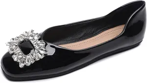Women'S Patent Leather Square Rhinestone Dress Flat Shoes Fashionable Closed Square Toe Soft Bottom Non-Slip One-Step Dress Shoes Business Wedding Dress Mother Shoes