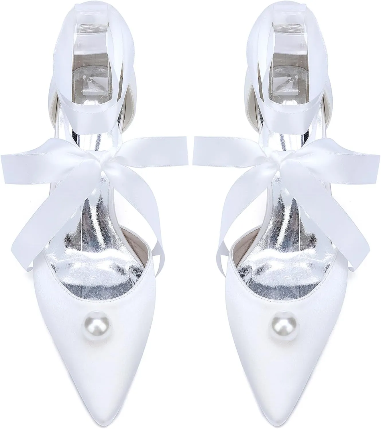 Women's Pearls Ankle Strap Wedding Shoes for Bride Comfortable Pointy Toe Open Toes Satin Heels Dress Shoes Sandals