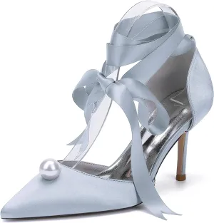 Women's Pearls Ankle Strap Wedding Shoes for Bride Comfortable Pointy Toe Open Toes Satin Heels Dress Shoes Sandals