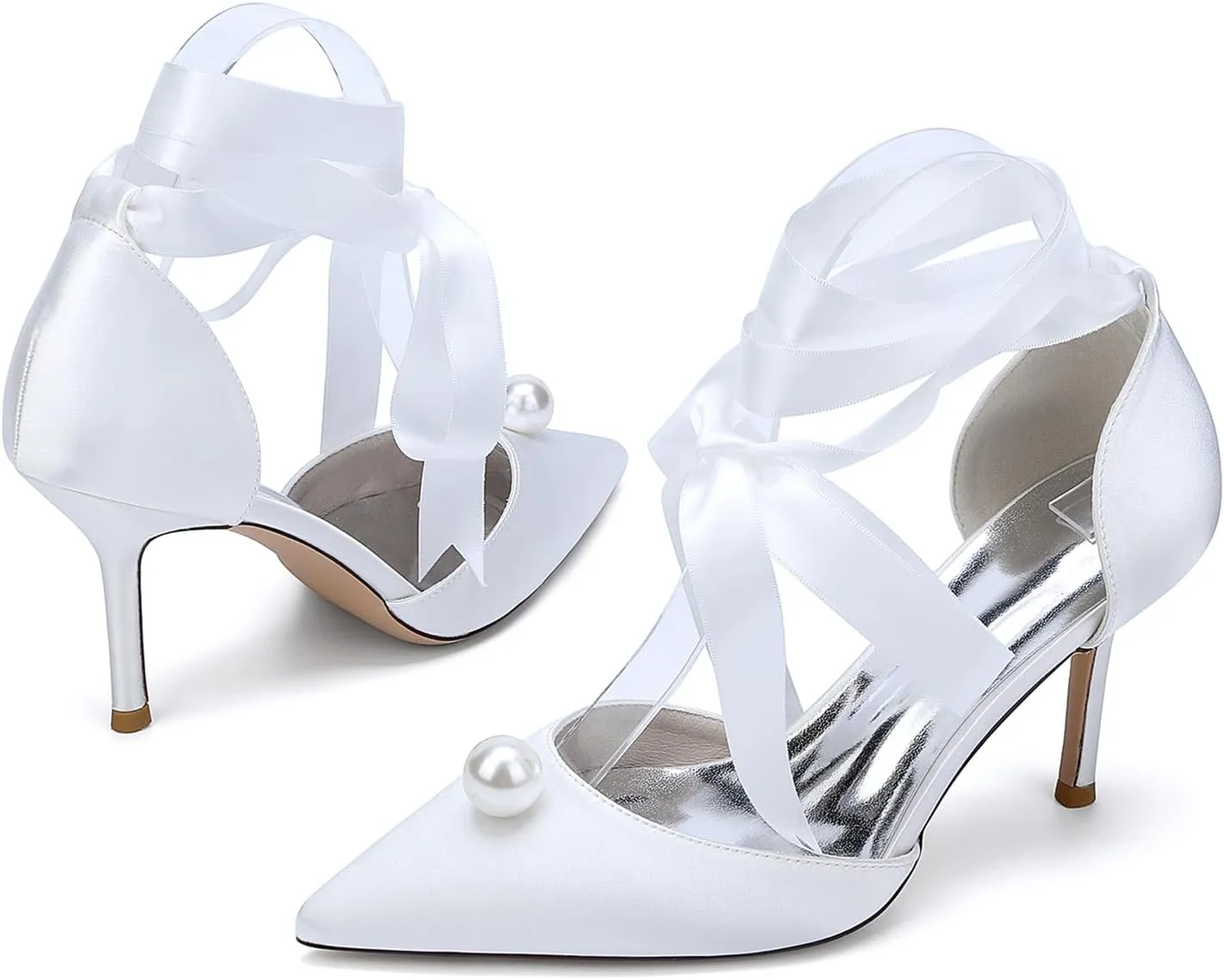 Women's Pearls Ankle Strap Wedding Shoes for Bride Comfortable Pointy Toe Open Toes Satin Heels Dress Shoes Sandals