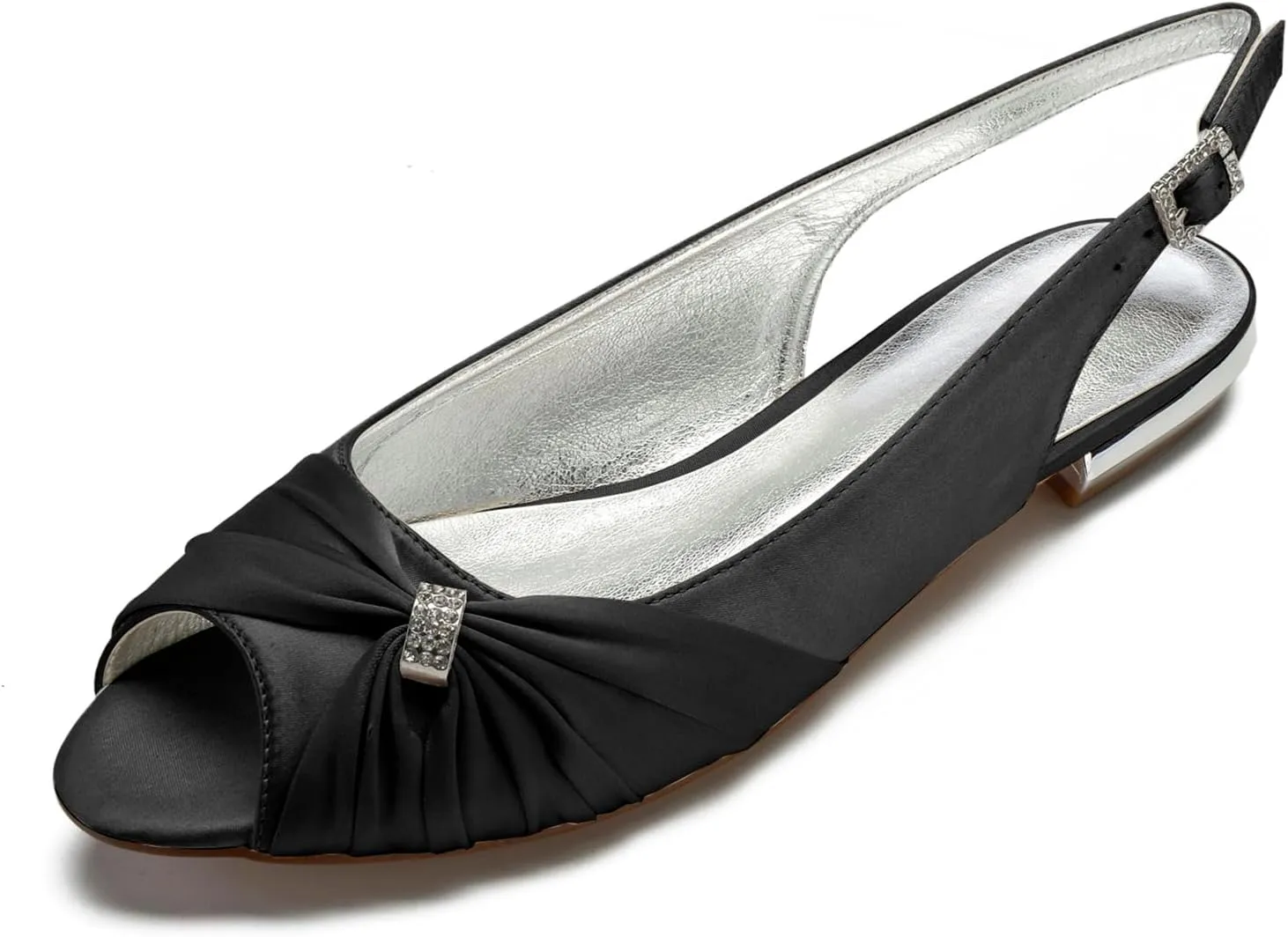 Women's Peep Toe Flat Pumps Slingback Evening Party Comfort Bridal Flats Sandals with Buckle Satin Wedding Dress Shoes