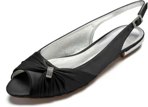 Women's Peep Toe Flat Pumps Slingback Evening Party Comfort Bridal Flats Sandals with Buckle Satin Wedding Dress Shoes