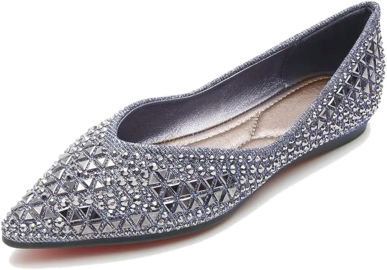 Women's Pointed Rhinestone Flat Shoes Glitter Flowers Wedding Comfortable Dress Shoes