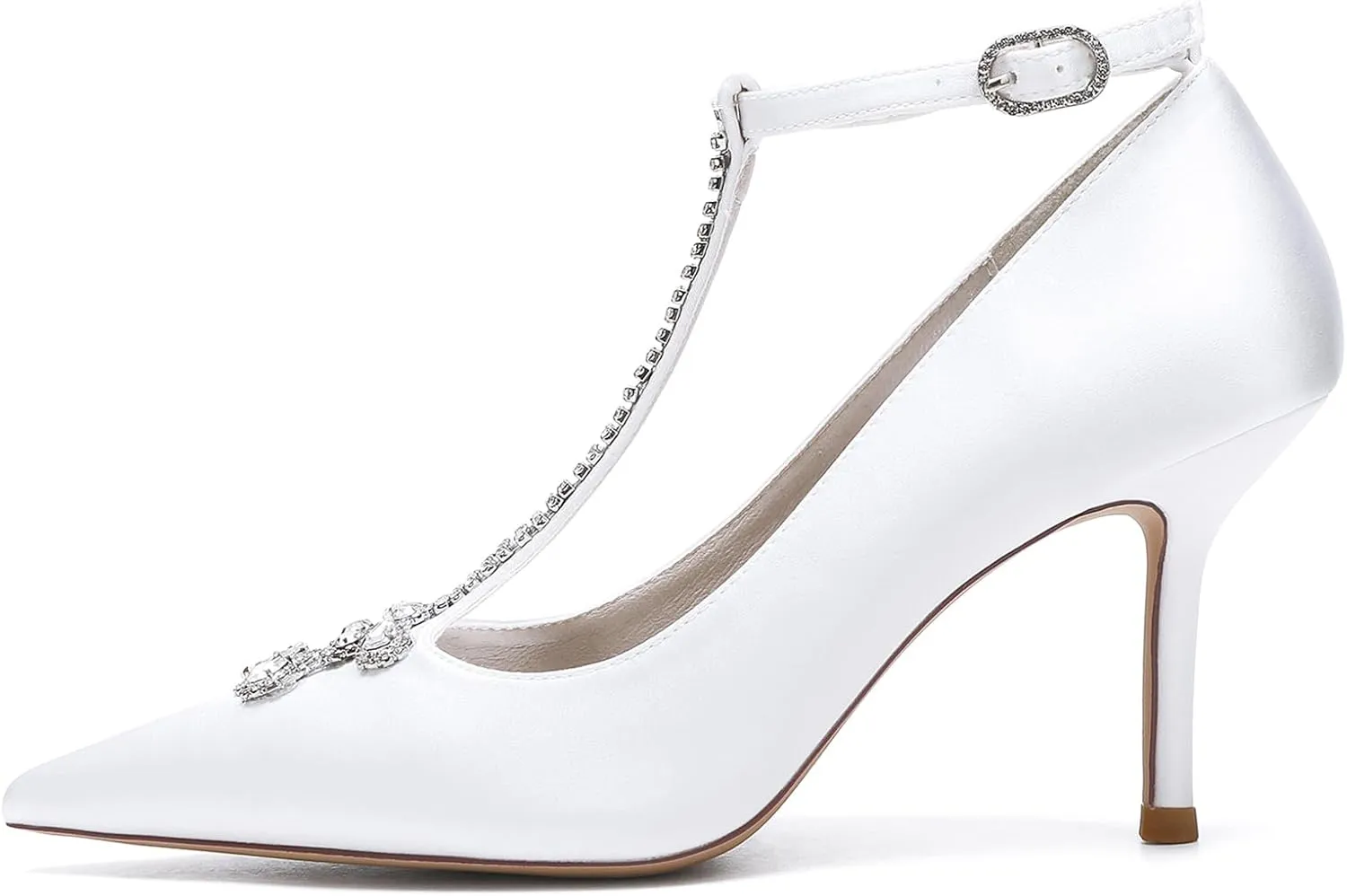Women's Pointed Toe High Heels Sandals with T-Strap Rhinestones Pumps Wedding Shoes with Buckle Party Prom Dress Shoes for Bride