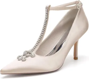 Women's Pointed Toe High Heels Sandals with T-Strap Rhinestones Pumps Wedding Shoes with Buckle Party Prom Dress Shoes for Bride