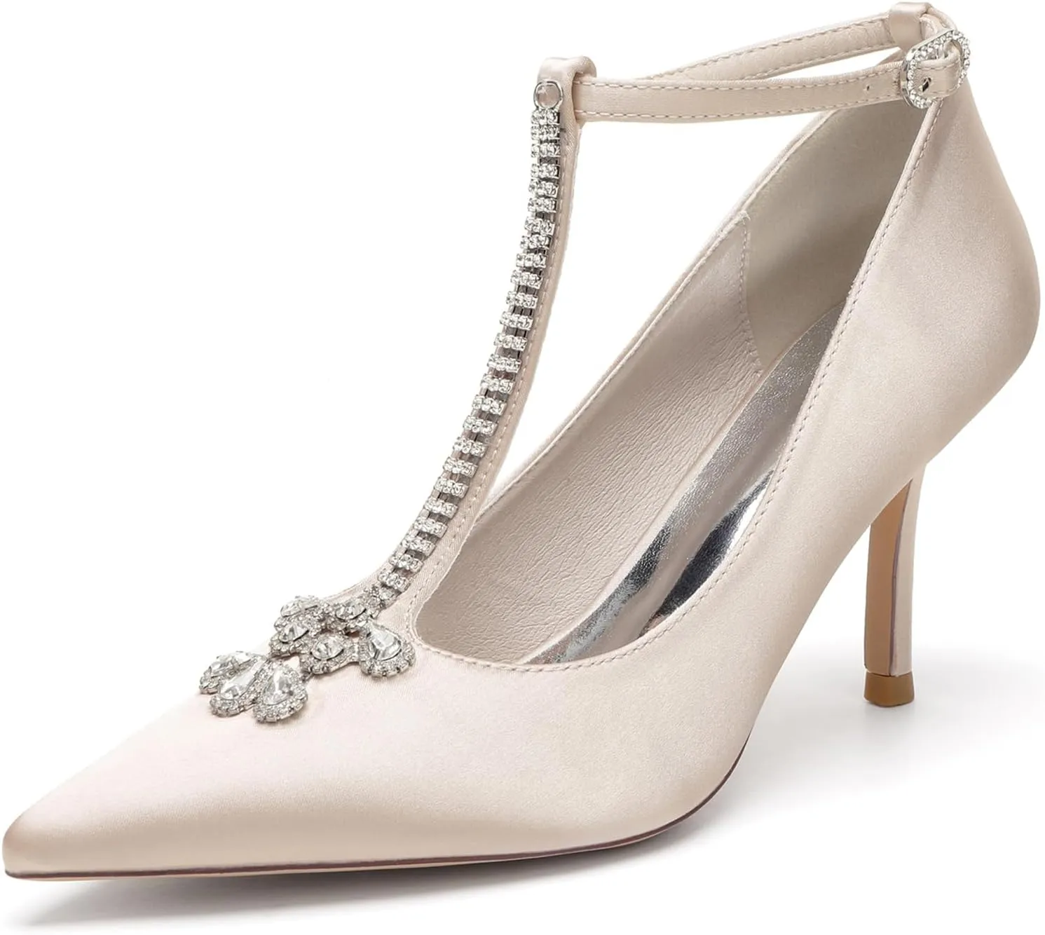 Women's Pointed Toe High Heels Sandals with T-Strap Rhinestones Pumps Wedding Shoes with Buckle Party Prom Dress Shoes for Bride