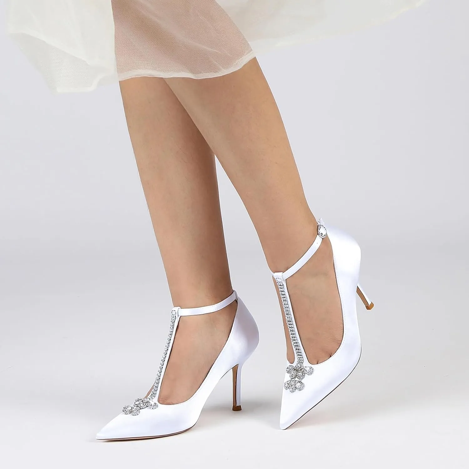 Women's Pointed Toe High Heels Sandals with T-Strap Rhinestones Pumps Wedding Shoes with Buckle Party Prom Dress Shoes for Bride