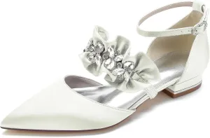Women's Pointed Toe Wedding Flats Pumps for Bride Satin Rhinestones Ankle Strap Low Heels Evening Prom Dress Shoes