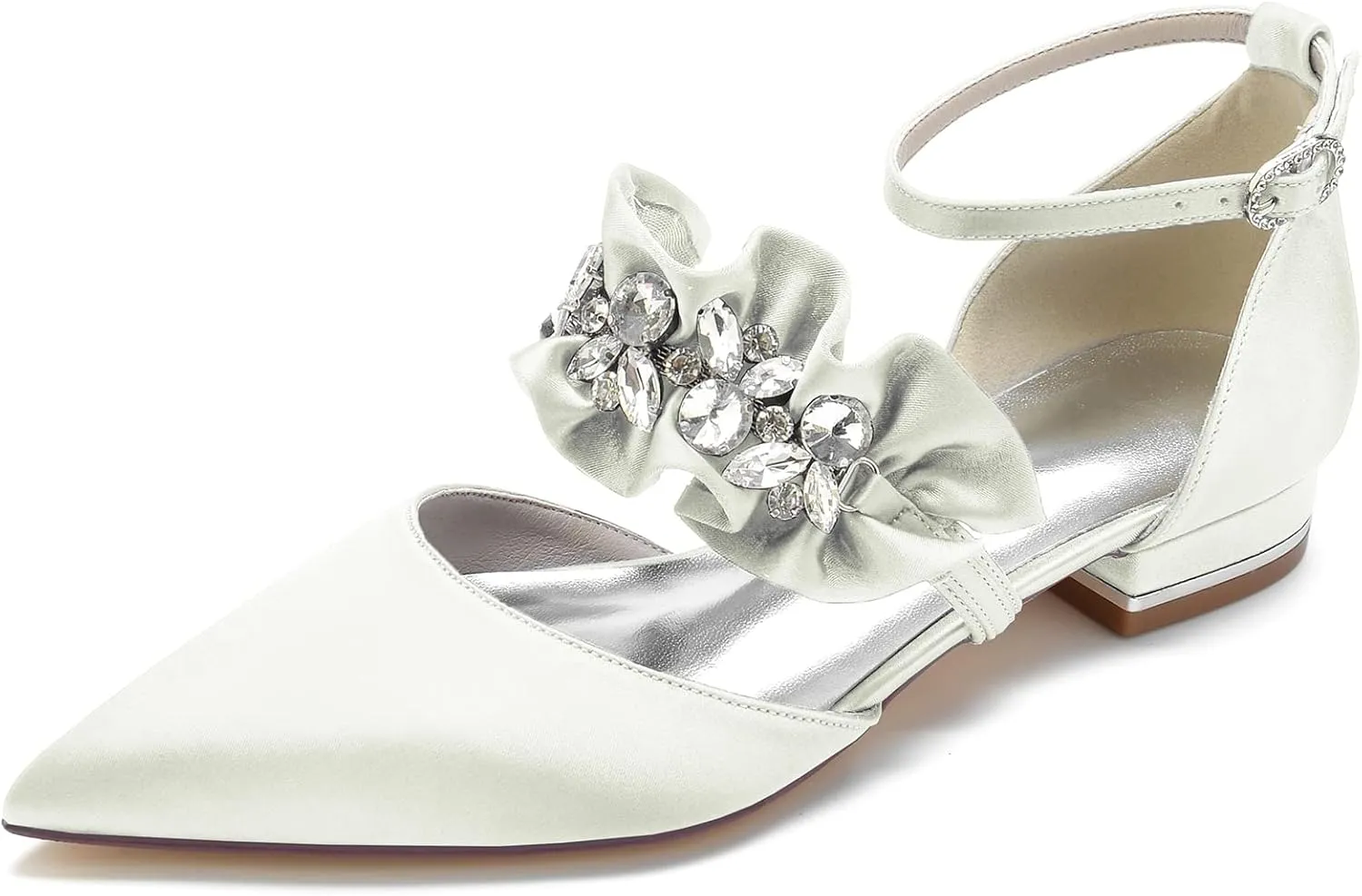Women's Pointed Toe Wedding Flats Pumps for Bride Satin Rhinestones Ankle Strap Low Heels Evening Prom Dress Shoes