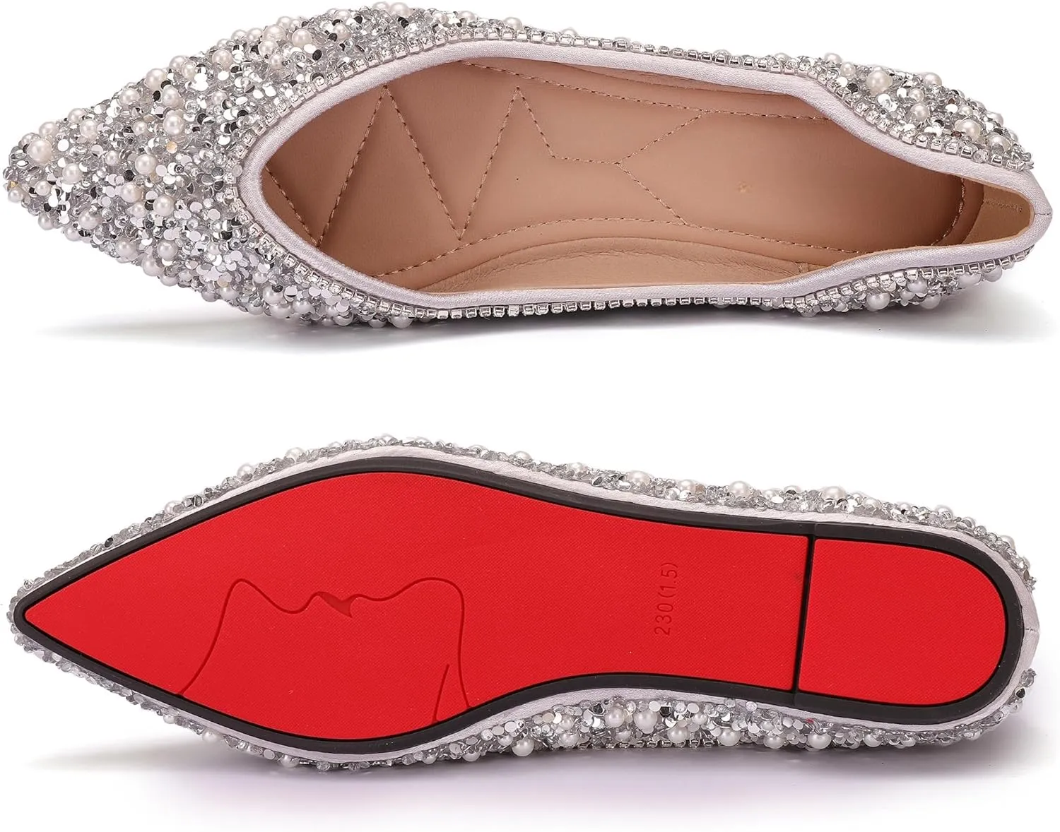 Women's Rhinestone Flats Fashion Pointed Toe Pearl Diamond Low Heel Dress Wedding Flats Work Business Dance Ballet Flats