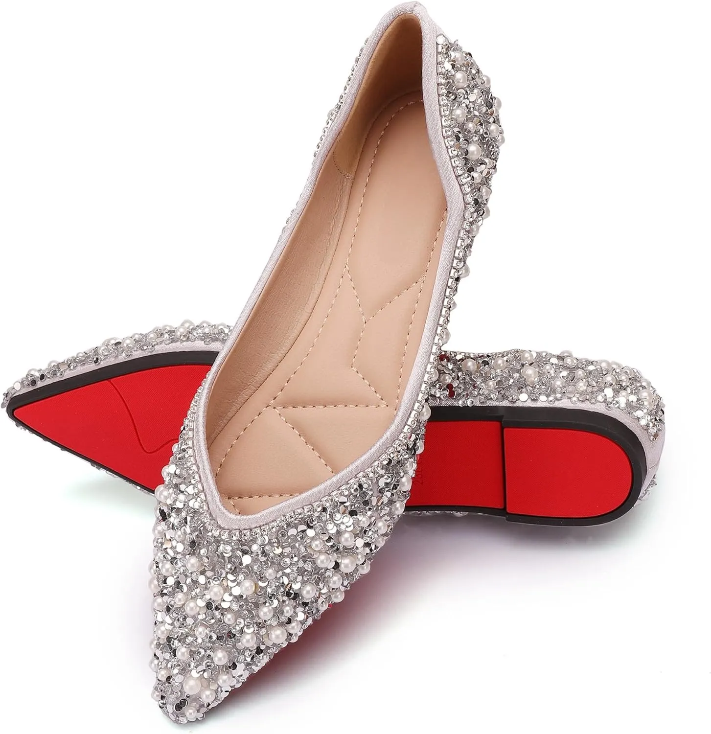 Women's Rhinestone Flats Fashion Pointed Toe Pearl Diamond Low Heel Dress Wedding Flats Work Business Dance Ballet Flats