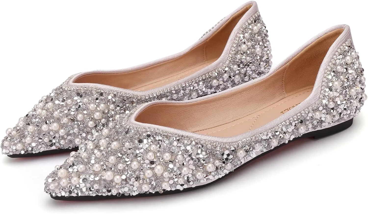 Women's Rhinestone Flats Fashion Pointed Toe Pearl Diamond Low Heel Dress Wedding Flats Work Business Dance Ballet Flats
