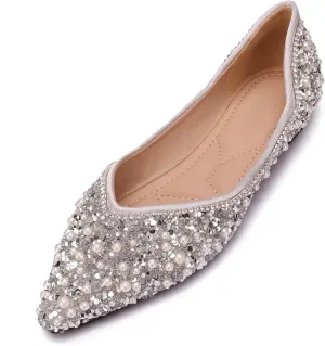 Women's Rhinestone Flats Fashion Pointed Toe Pearl Diamond Low Heel Dress Wedding Flats Work Business Dance Ballet Flats