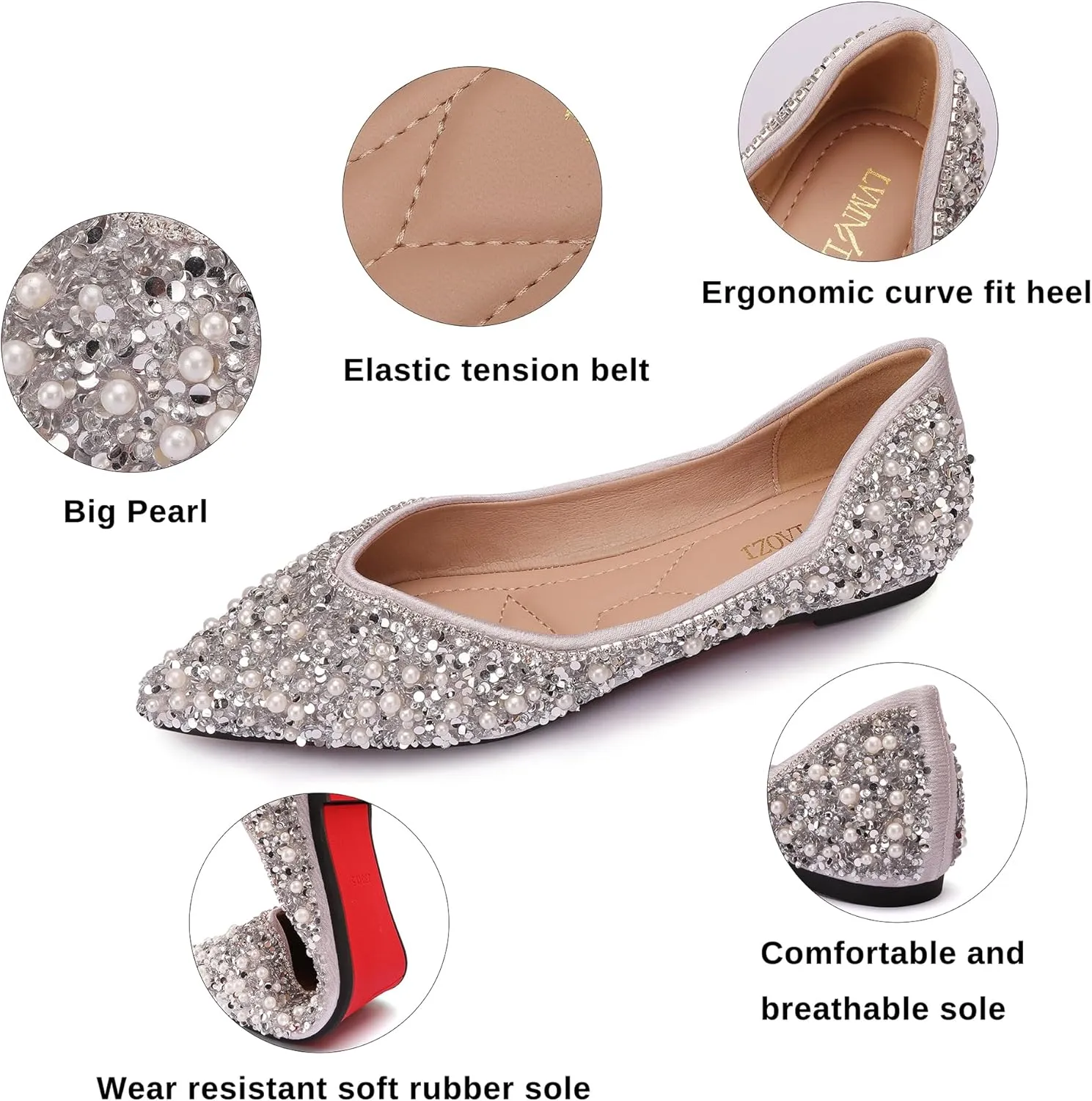 Women's Rhinestone Flats Fashion Pointed Toe Pearl Diamond Low Heel Dress Wedding Flats Work Business Dance Ballet Flats
