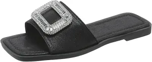 Women's Rhinestone Sequins Flat Slides Sandals Fashion Non-Slip Square Toe Slip On Summer Walking Slippers for Outdoor Beach Work Wedding Party