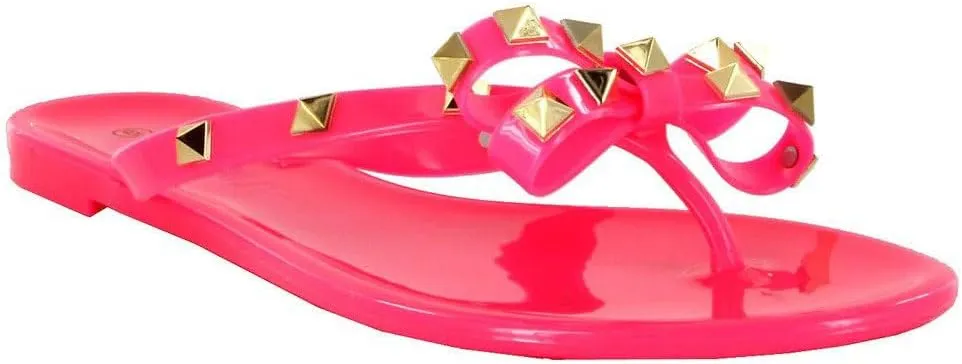 Womens Sandals Studded Jelly Bow Flip Flops