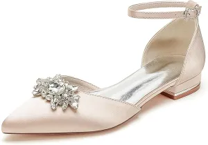 Women's Satin Ankle Strap Bridal Shoes Crystal Closed Pointed Toe Formal Prom Party Wedding Sandals Buckle Banquet Shoes