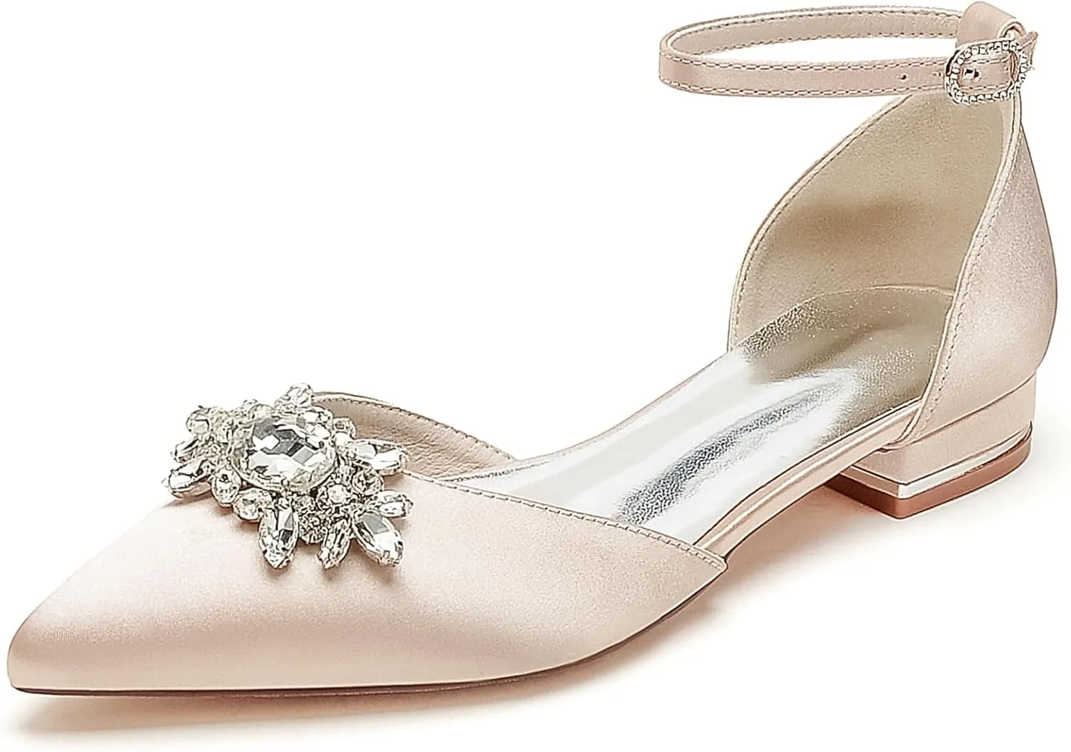 Women's Satin Ankle Strap Bridal Shoes Crystal Closed Pointed Toe Formal Prom Party Wedding Sandals Buckle Banquet Shoes
