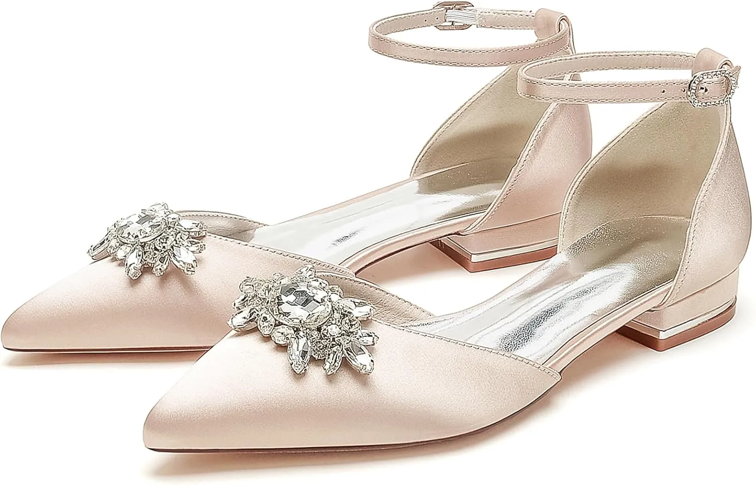 Women's Satin Ankle Strap Bridal Shoes Crystal Closed Pointed Toe Formal Prom Party Wedding Sandals Buckle Banquet Shoes