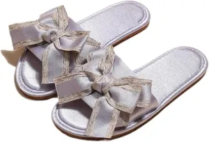 Women's Satin Bow Flat Slippers Luxury Anti Slip Silent Soft Sole Home Slides Fashion Style Indoor Sandals for All Seasons Comfortable Bridal Flip Flops